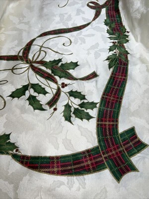 LENOX "Holiday Nouveau" Christmas Tablecloth Holly & Plaid Ribbon 58”x 134” HUGE - Image 1 of 3