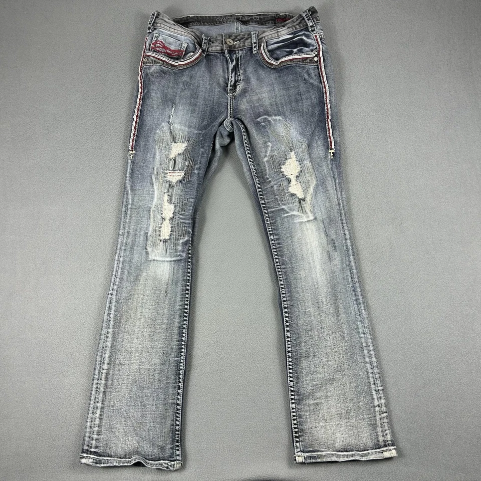 Cowgirl Tuff Co Jeans Womens 33x33 Blue Red White Tuff Distressed Bootcut - Image 1 of 4