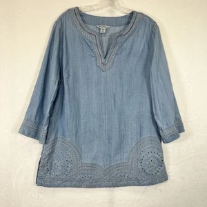 Tommy Bahama Embroidered Laser Cut Tunic Womens Medium 3/4 Sleeve V-Neck Tunic - Picture 1 of 11