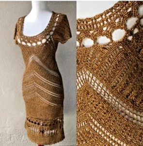 NEW NEVER WORN DIANE VON FURSTENBERG Size Small Gold Acetate Blend Crochet Dress - Picture 1 of 6