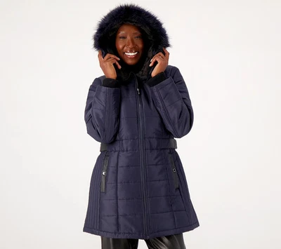 NUEVO Abrigo acolchado resistente al agua Susan Graver 4X con detalle de cuero sintético QVC 3484 Foto 1 de 4