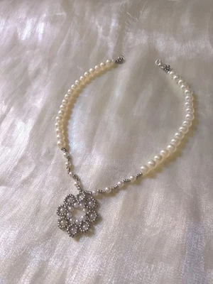 Collana Perle Pendaglio Fatta Mano Fiore Elegante Sposa Cerimonia Avorio Silver  - Immagine 1 di 4