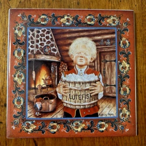 The Lutefisk Boy Ceramic Tile Trivet Suzanne Toftey 6" Square Norwegian - Picture 1 of 4