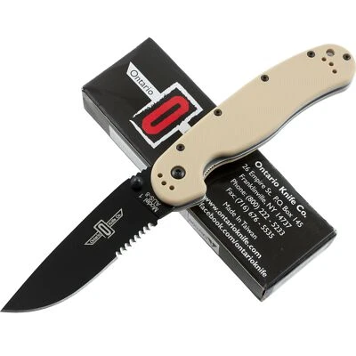 Ontario Desert Tan RAT 1 Black AUS-8 Blade Pocket Knife 8847 Nylon Handles - Image 1 of 2
