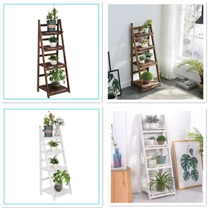 4-Tier Foldable Ladder Plant Stand Flower Pot Rack Wooden Shelf Display Holder - Picture 1 of 19