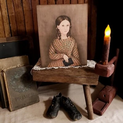 PRIMITIVE VICTORIAN VINTAGE COLONIAL STYLE GIRL BROWN DRESS BOOK PORTRAIT SIGN - Image 1 of 4