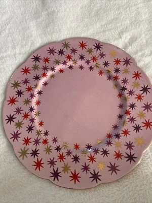 Anthropologie Plate Dish Liora Dessert Plate Pink Stars Gold Red Purple Scallop - Image 1 of 4