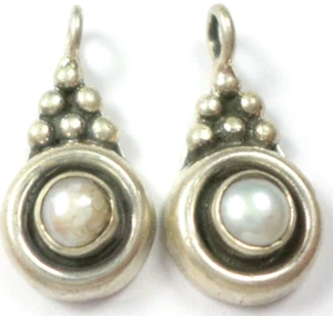 2 Sterling Silver 925 Off White Pearl Round Beaded Setting Charm Earring Pendant - Picture 1 of 11