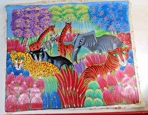 Haitian Art Oil On Canvas Jungle Scene with Animals Signed Frantz Haiti Painting - Picture 1 of 4