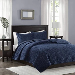 Madison Park King Cal 3pc Coverlet Set Bed Shams Navy Blue Quilted Velvet New 6D - Picture 1 of 7
