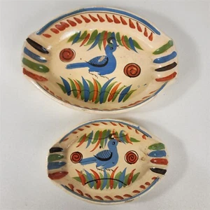 2 Vintage Tlaquepaque Mexican Pottery Oval Nesting Bowls Dishes Blue Bird - Picture 1 of 12