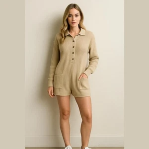 Hazel Boutique Cream Sweater Knit Button Down Romper with Pockets Size Medium - Picture 1 of 8