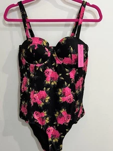 $128 Betsey Johnson Women XL Smocked 1 Piece Underwire Swimsuit Pink Power Print - Picture 1 of 13