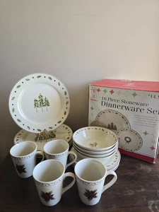 Neu im Karton Vintage 16-teiliges Set Merry Bright Steingut Geschirr Weihnachten Urlaub  - Bild 1 von 12