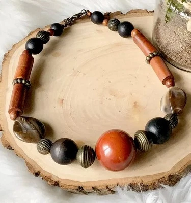 COOKIE LEE Collar Grande Madera y Cuentas de Oro Antiguo 16" Vintage Grueso BOHO Foto 1 de 4