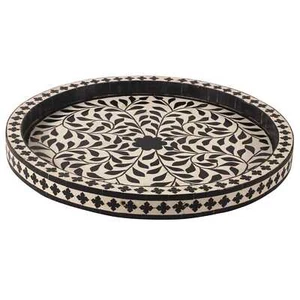 Handmade Round Bone Inlay Tray Floral Home Decorative Tray Coffee Serving tray - Picture 1 of 3
