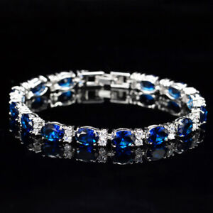 Silver Plated Fashion CZ Tennis Chain Bracelet Blue Crystal Bangles for Women