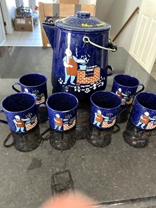 Vintage Rare Enamelware 8 Piece Party Time Coffee and Mug Set - Picture 1 of 8