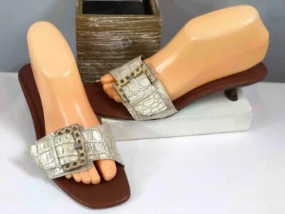 Sandalias de tacón DONALD J PLINER Italia de cuero plateado metálico con tacón de cocodrilo EE. UU. 8M Foto 1 de 4