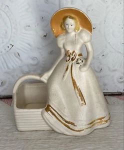 Vintage 40er Jahre Keramik Übertopf Vase orange Hut Dame mit Korbrumpf Kunst #954 - Bild 1 von 12