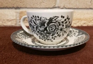 Vintage Wood & Sons Flat Cup & Saucer Black Floral (flowers) great condition - Picture 1 of 9