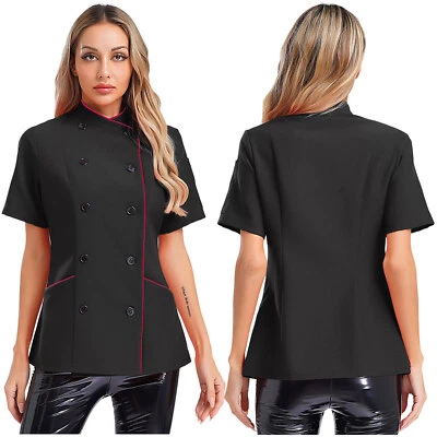Women Coat Collar Jacket Hotel Tops Bakery Short Sleeve Canteen Cross-Over Chef - Image 1 of 4