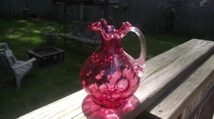 VINTAGE FENTON CRANBERRY PITCHER RUFFLE TOP -  COIN DOT OPTIC DESIGN - LOVELY  - Picture 1 of 6