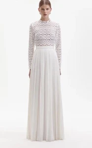 Self Portrait US 0 White Lace Military Dress Pleated Crochet Floral Maxi Cream - Picture 1 of 11
