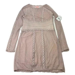 New Free People Women M Lace Dress Mixed Mesh Bodycon Champagne Long Sleeve $250 - Picture 1 of 10