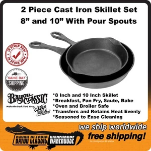 Cast Iron 2 Piece Skillet Set 8" and 10" With Pour Spouts Bayou Classic 7457 - Picture 1 of 3