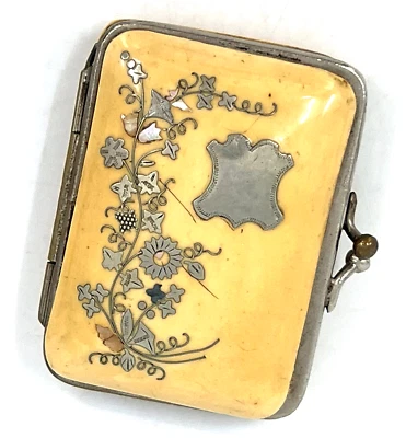 Antiguo monedero francés marfil celuloide años 1900 plata incrustación mop decoración floral Foto 1 de 4