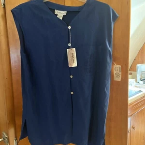 Vintage SilkLand Blouse Womens Medium Blue Sleeveless Embroidered Pure Silk Nwt - Picture 1 of 12