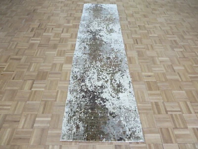 2'6 x 10 Runner Hand Knotted Brown Modern Abstract Oriental Rug With Silk G9238 - Image 1 of 4
