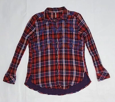 Womens FREE PEOPLE Magical Red Plaid Embroidered Button Down Flannel Size S - Image 1 of 4