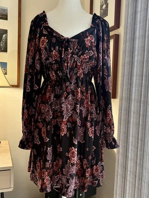 Maurice’s Babydoll Dress Small Black Floral Smocking Ruffle Sleeves V-Neck  - Image 1 of 4