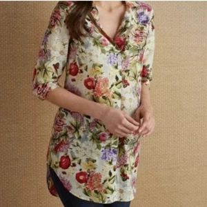 Weiche Umrandung Blumen Tunika Top Bluse Baumwolle Seide Kragen Garten Landhaus Gr. S - Bild 1 von 17