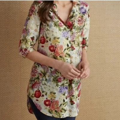 Мягкое окружение цветочный туника блузка хлопок шелковый воротник сад коттедж Sz S - Изображение 1 из 4