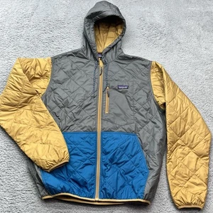 Patagonia Diamond Quilted Bomber Hoody Jacket Mens L Gold Gray Blue Gorpcore - Picture 1 of 10