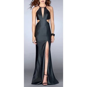 NWT La Femme Vegan Leather Open Back Cut Out Maxi Gown Dress Size 8 - Picture 1 of 20