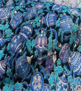 Vintage Cotton Fabric By Yard Blue Ornaments on Black VIP Print for Cranston - Picture 1 of 6