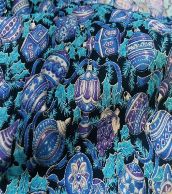 Vintage Cotton Fabric By Yard Blue Ornaments on Black VIP Print for Cranston - Image 1 of 4