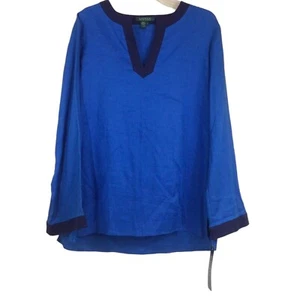Lauren Ralph Lauren LRL Women’s Blue Linen Blouse Long Sleeve V-Neck Size Large - Picture 1 of 4