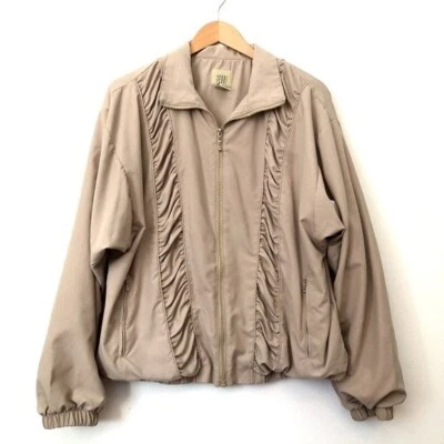 VINTAGE TEDDI Tan Full Zip Lightweight Ruched Spring Fall Jacket XL Extra Large - Image 1 of 4