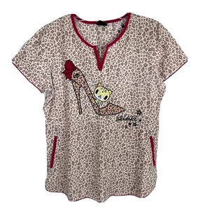 Koi Tokidoki Womens S Scrub Top Leopard Cheetah Print High Heel Design #186PLM - Picture 1 of 5