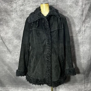 Y2K Esprit Penny Lane Coat Womens L Black Suede Leather Faux Fur Buckle Straps - Picture 1 of 14