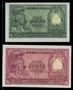Set 2 pcs Italy - 50 & 100 Lire 1951 P. 91a & 92a in UNC - Imagen 1 de 2