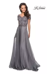 La Femme 27098 BESTICKTES Spitzenmieder Chiffon A-Linie Kleid 14 PLATIN 450 $ NEU - Bild 1 von 4