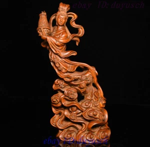 Chinese Myth Boxwood Wood Carved Belle Goddess Spirits Scattering Flowers Statue - Picture 1 of 12