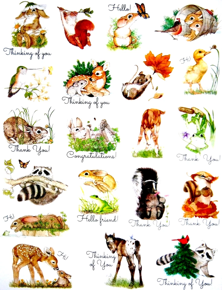 BABY ANIMAL STICKERS 8"X10" Full Sheet  #32 RACCOON DEER BUNNY SQUIRREL HORSE - Image 1 of 1