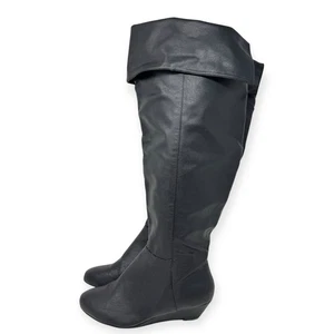 Womens 90s Inspo Venus Black Faux Leather Slouchy Knee High Boots Wedge Heel 9 - Picture 1 of 14